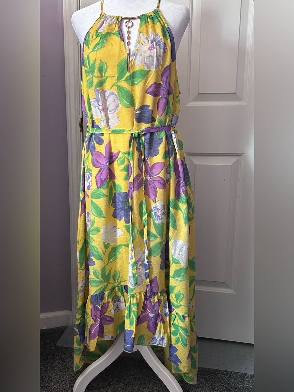 NWTS Mlle Gabrielle Yellow Floral Maxi Dress With Halter Neckline Size XL